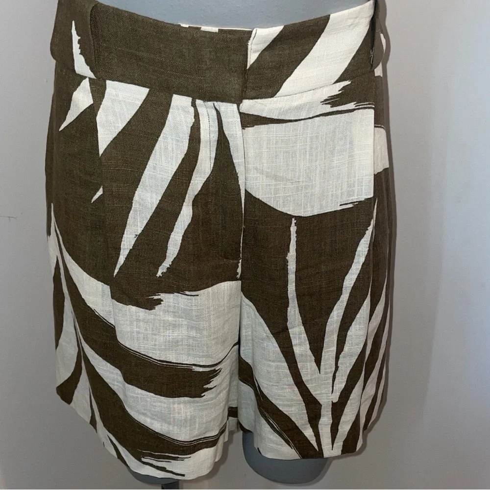 Massimo Dutti Bermuda Shorts Pleated Linen Brown Off White Palm Botanical NWT 10 - Picture 2 of 9